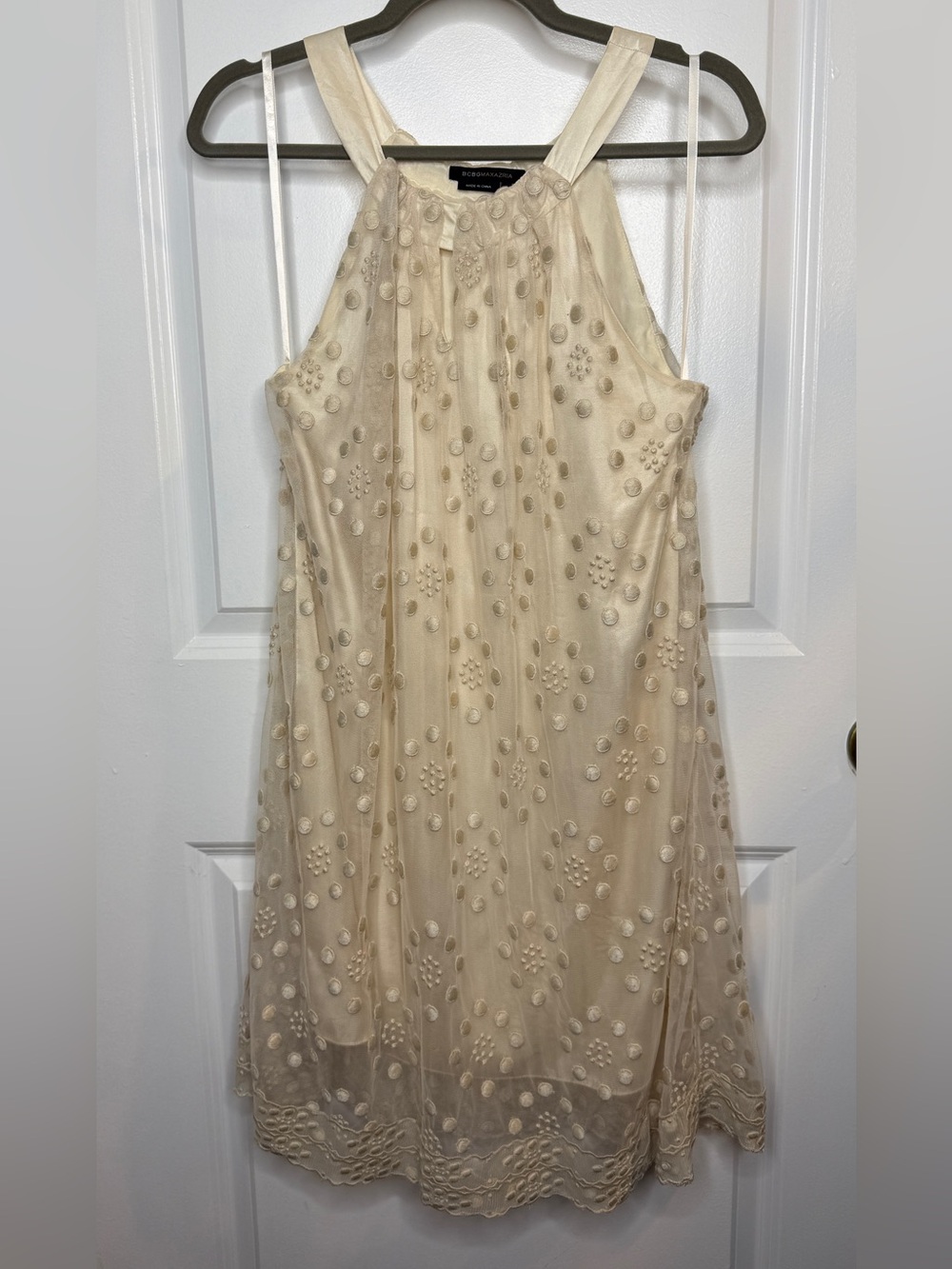 BCBGMaxAzria Cream Embroidered Halter Mini Dress